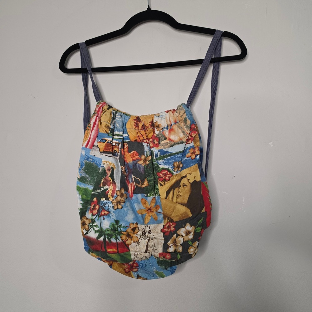 Reversible Drawstring Backpack Women Multicolor Tropical Patchwork Denim Retro